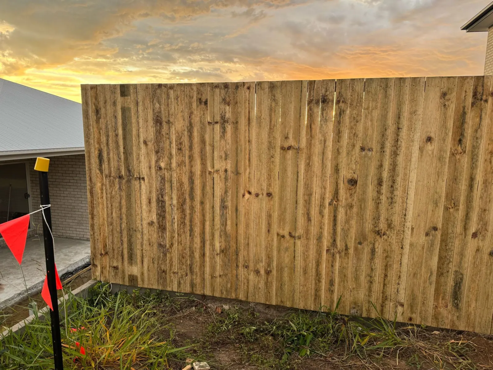 Tall timber paling fence at sunset on a new Logan property